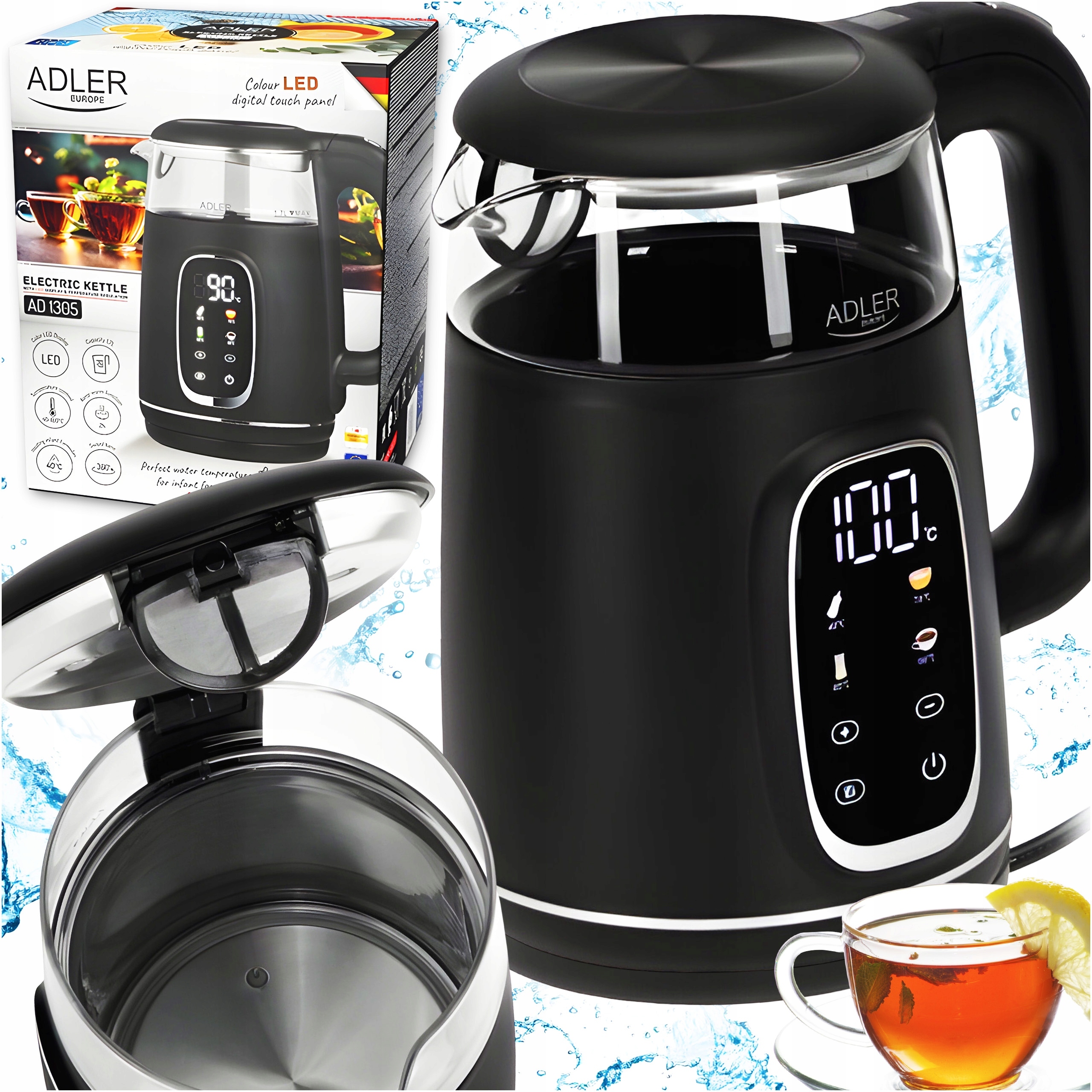 Czajnik Szklany Elektryczny Czarny 2200W Regulacja Led 1,7 L, Mocny