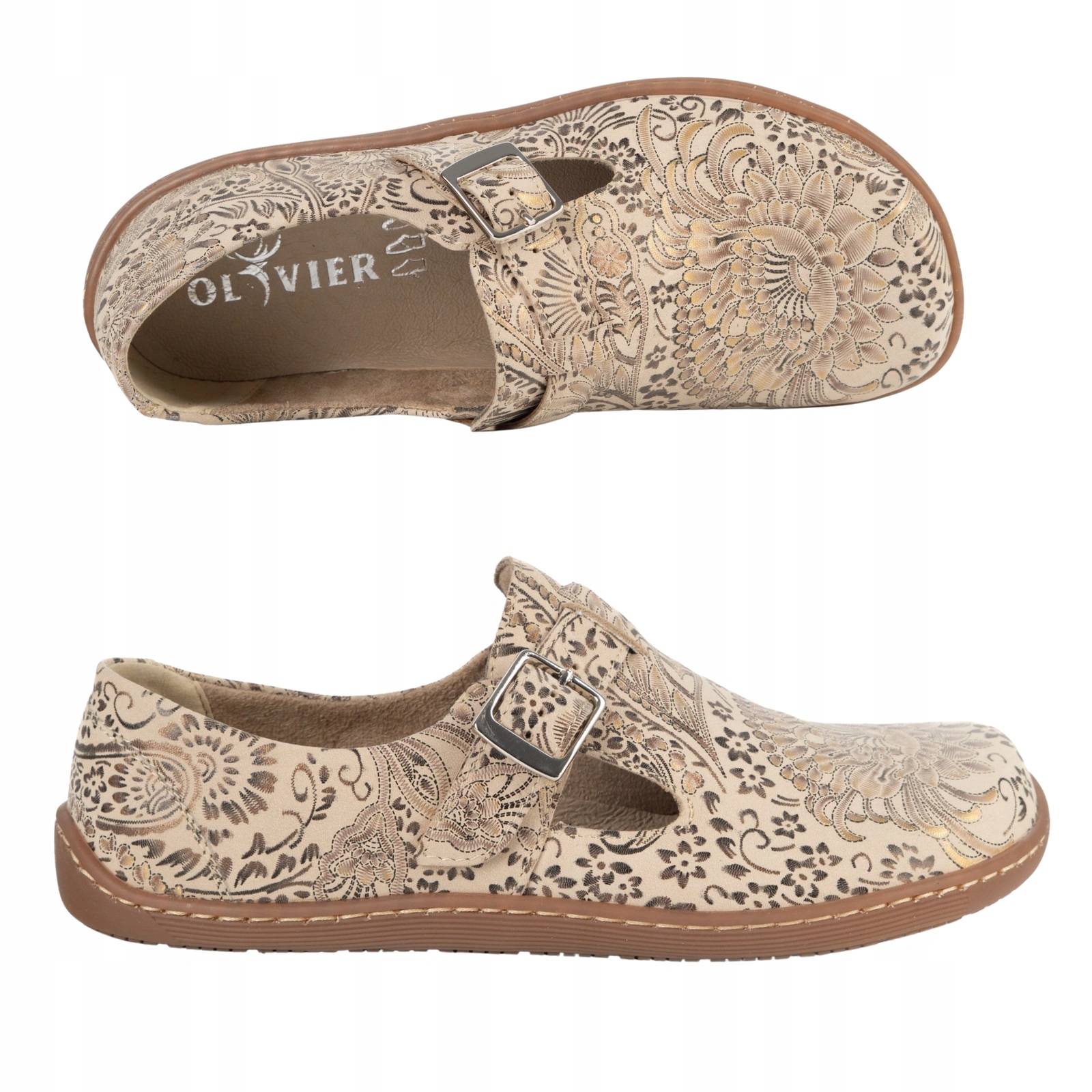 Dámské kožené barefootové boty Rosa zero drop s páskem a květinami 37