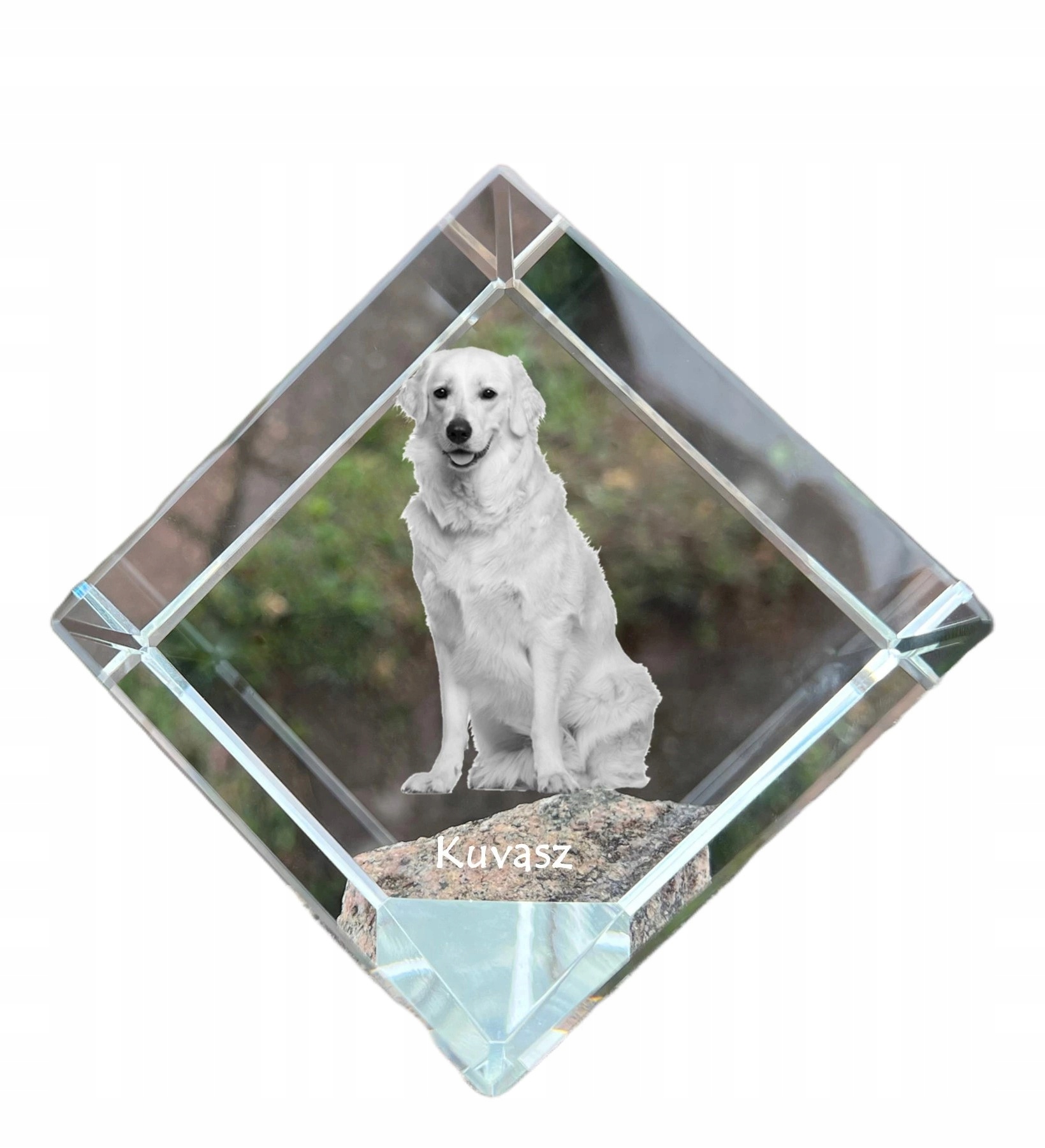 Kuvasz krištáľová kocka s fotografiou psa, personalizovaná ozdoba na stôl