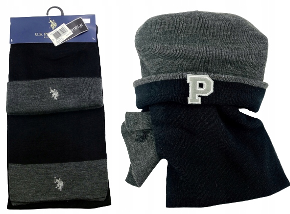 Pánská zimní sada oboustranná Čepice a šála Us Polo Assn. 54-5 9 Cm výšivka