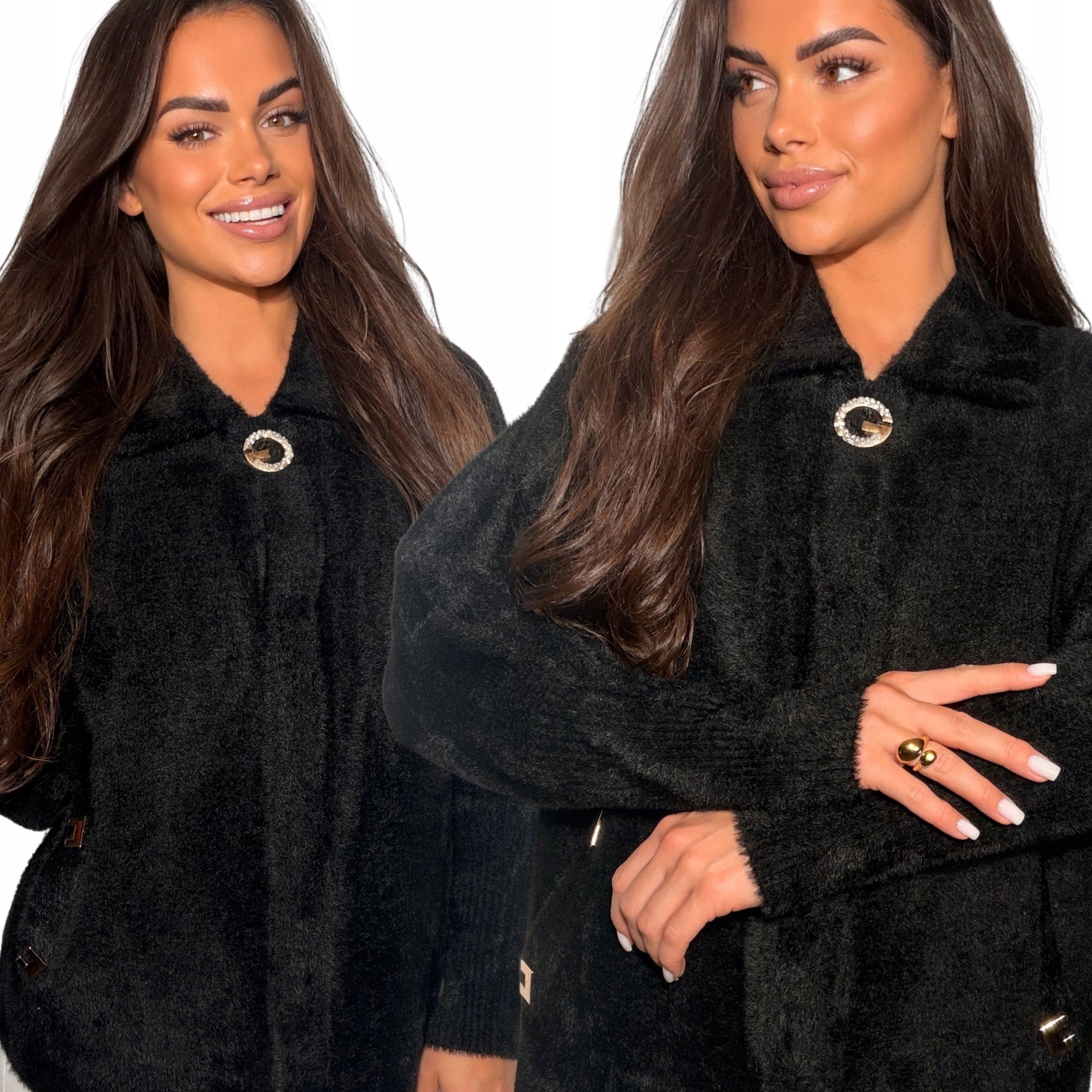 Alpaka Damska Kurtka Sweter Narzutka Żakiet Premium Czarna 3179