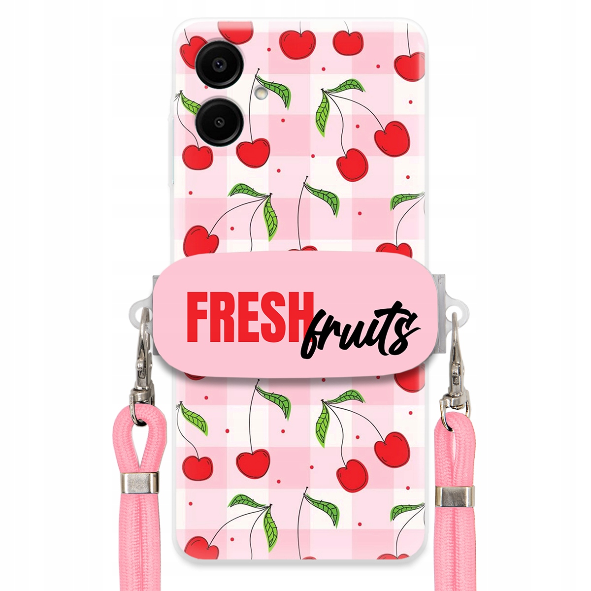 Puzdro pre Samsung A06 Case držiak na šnúrku ruží Fresh Fruits Mriežka Ovocie