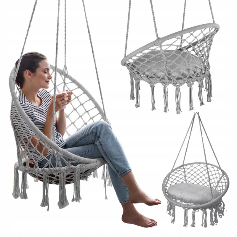 Závěsné Křeslo Čapí Hnízdo Houpací Síť Boho Houpačka S Polštářem Šedá XL