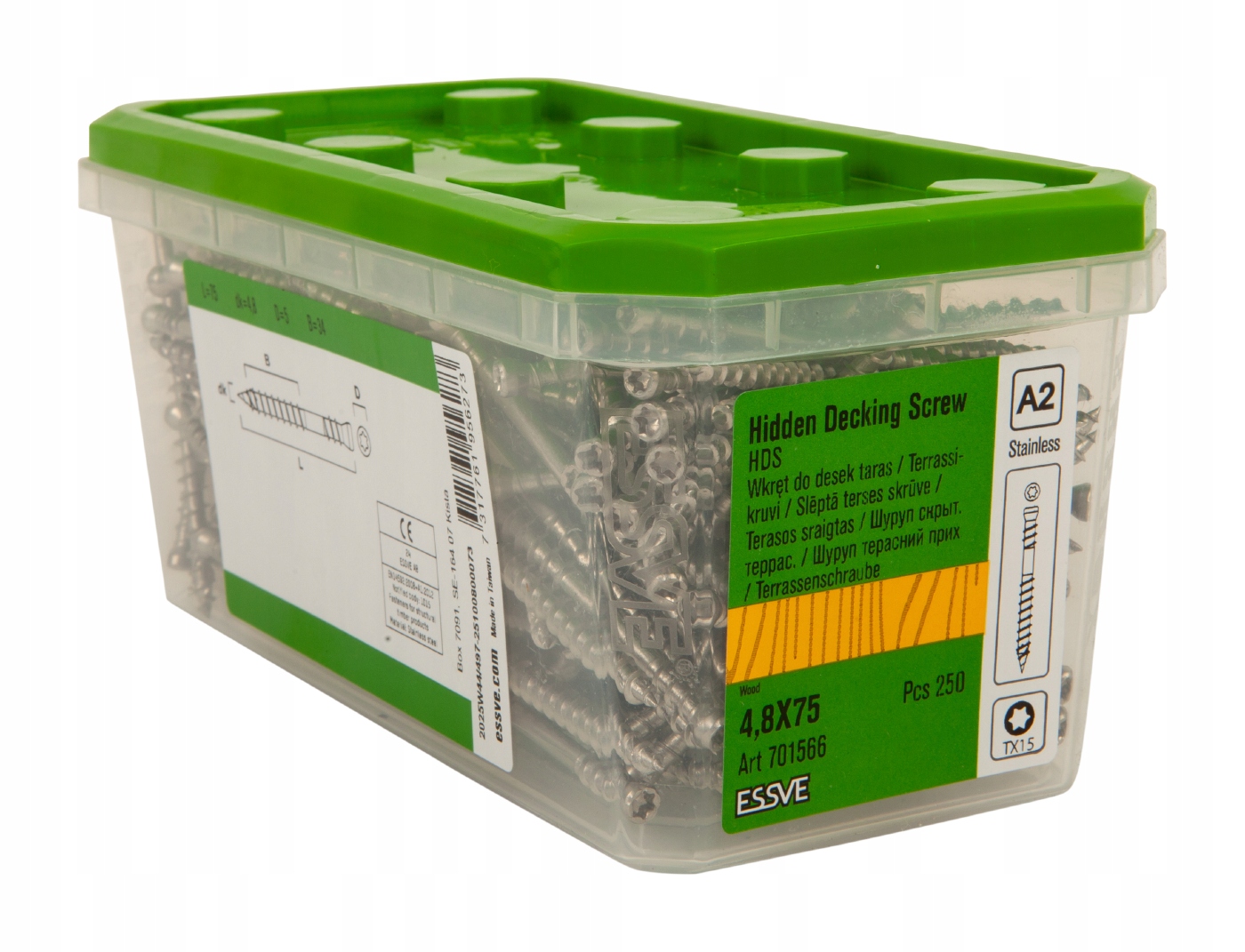 Essve Hds Nn Terasová skrutka na drevo Skrytá montáž Oceľ A2 4,8x75mm 250ks