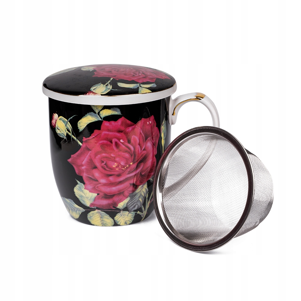 

Kubek Ceramiczny W Róże Z Zaparzaczem Czarny 420ML