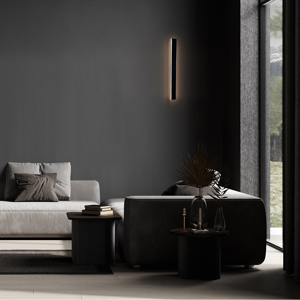 Krásná moderní nástěnná lampa Bodo 60 cm, černá, svítící, 360 stupňů, IP54