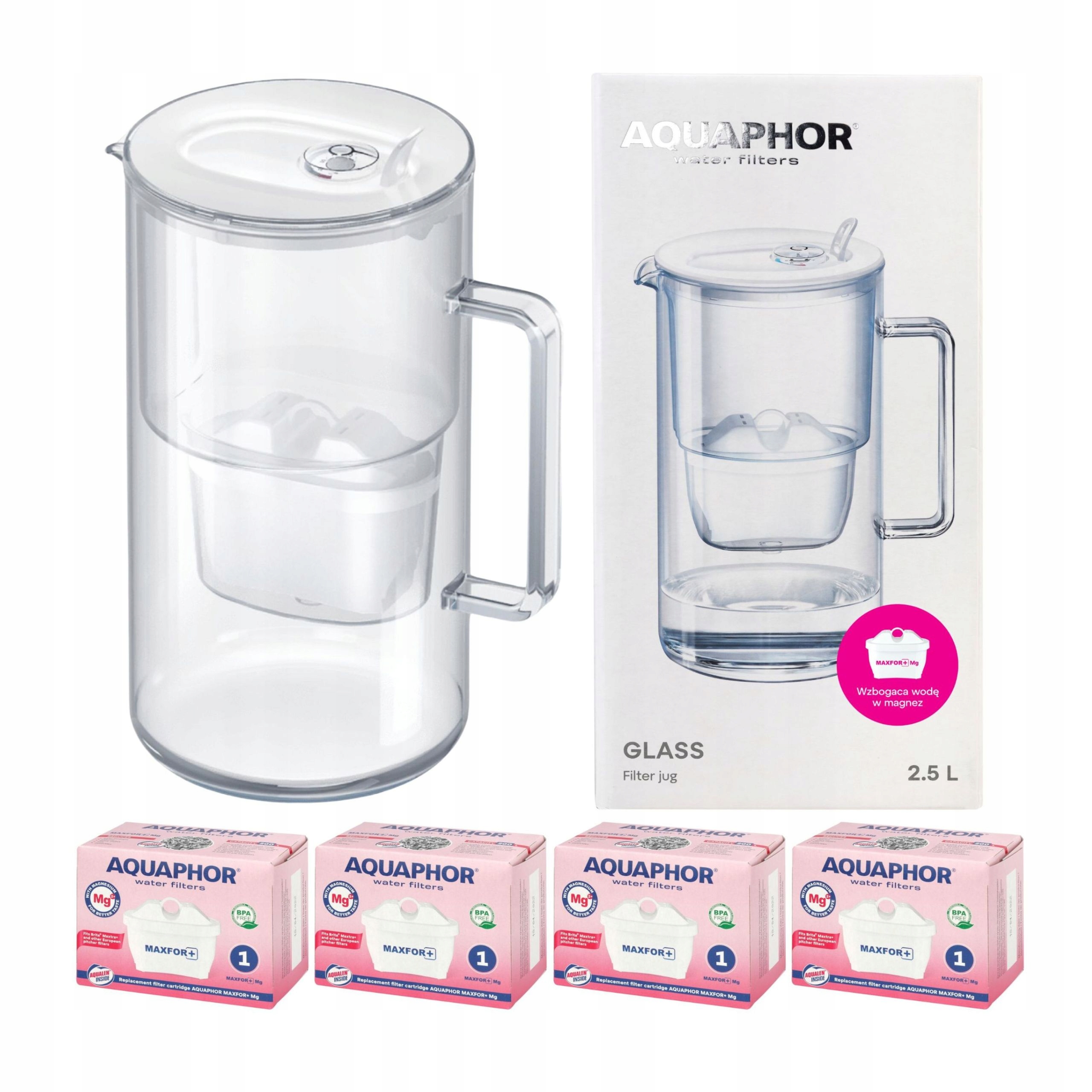 Dzbanek do filtrowania szklany Aquaphor Glass biały 4 filtry Maxfor Mg
