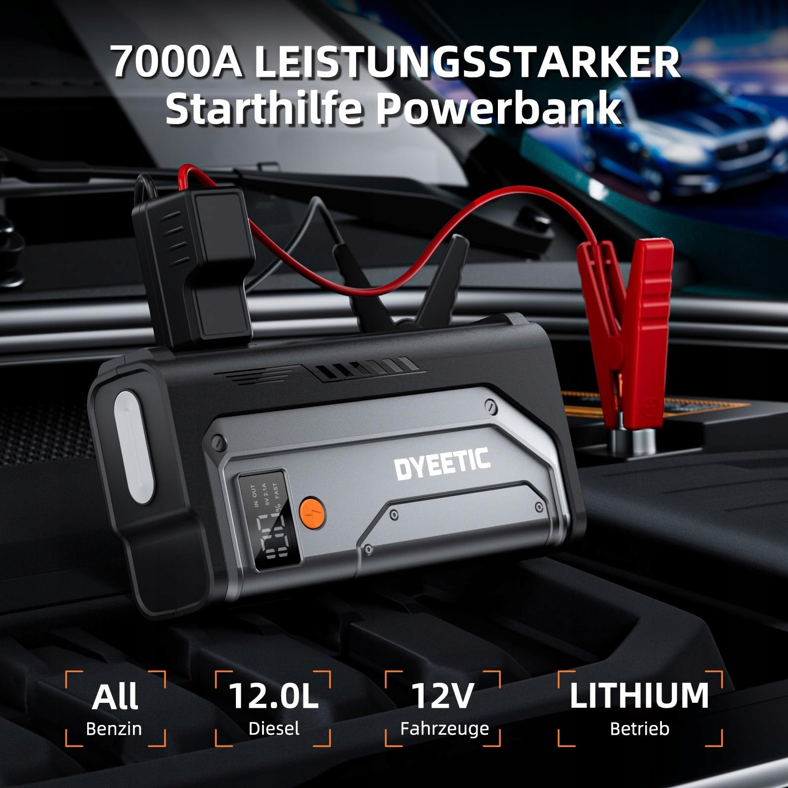 POWERBANK Starthilfe 7000A Do Samochodów 12V Benzyna Diesel LED USB — miniatura 2