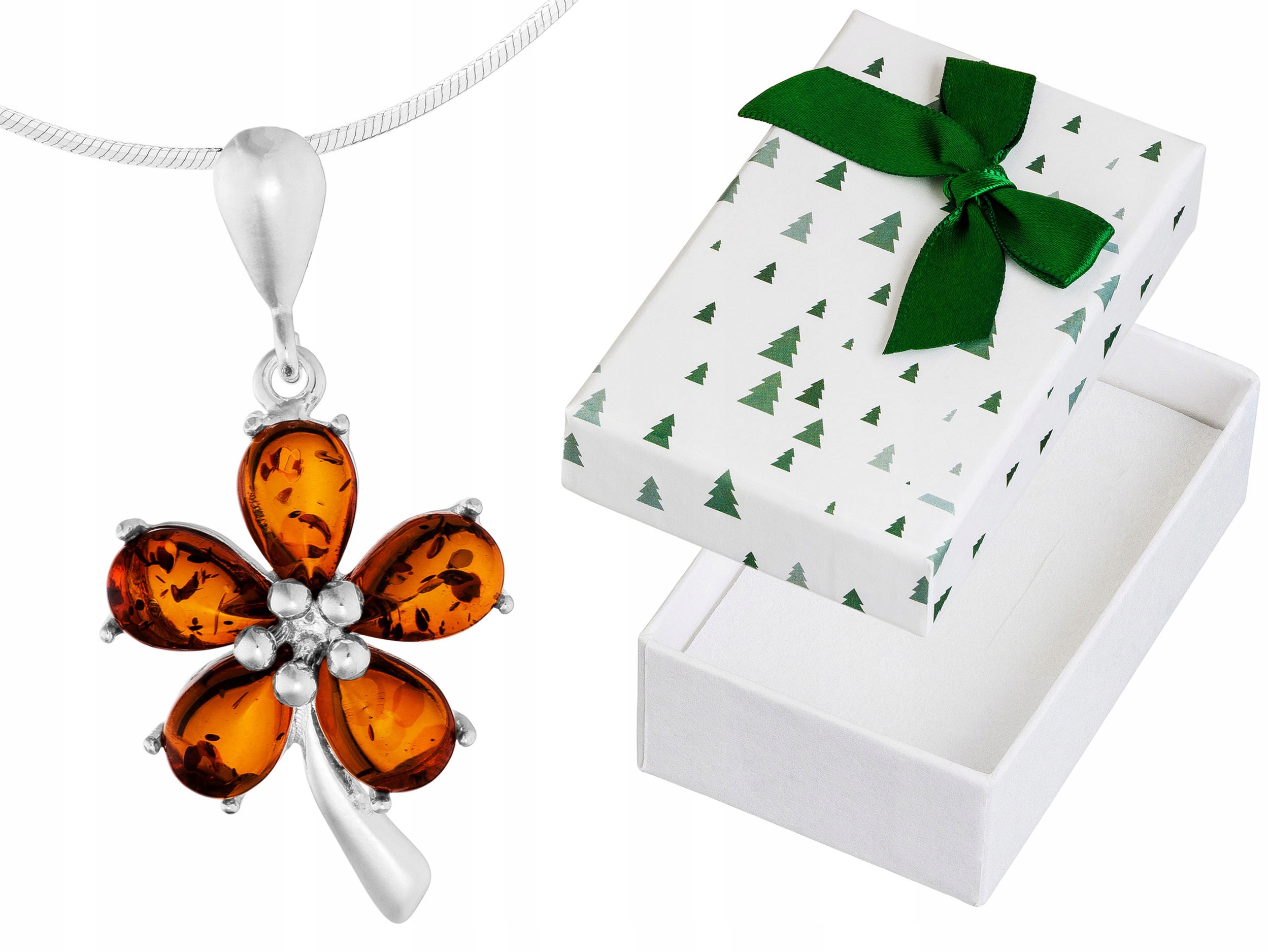 Krátký Stříbrný Náhrdelník Květina s Jantarem Květ Jantar Choker 32 cm