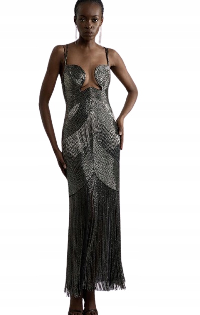 Karen Millen Petite Stříbrné Šaty Maxi S Třásněmi 40 B1F