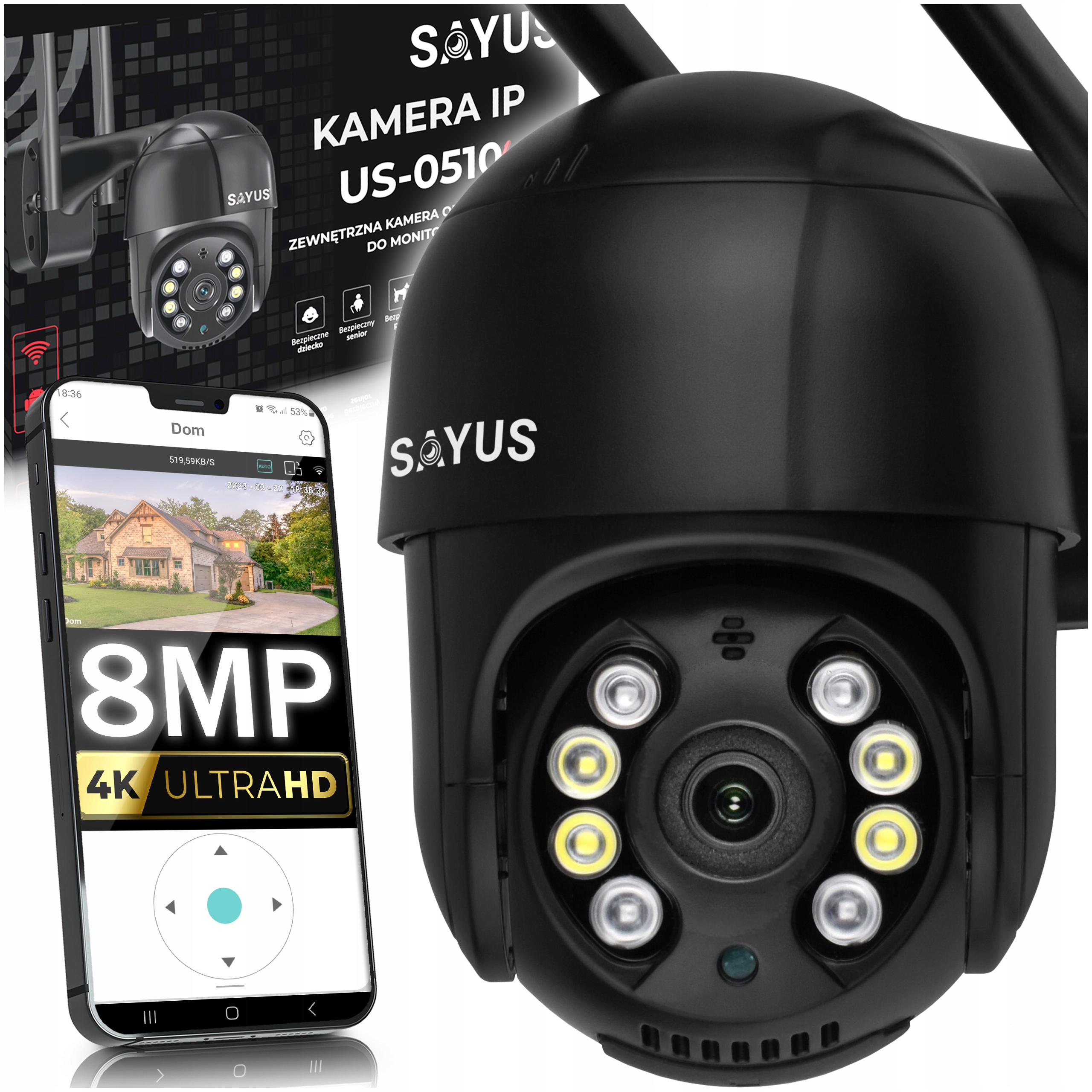 Venkovní Wifi Kamera Otočná 8MPx 4K Ultra Hd Ip 6xZOOM Detekce 8MP