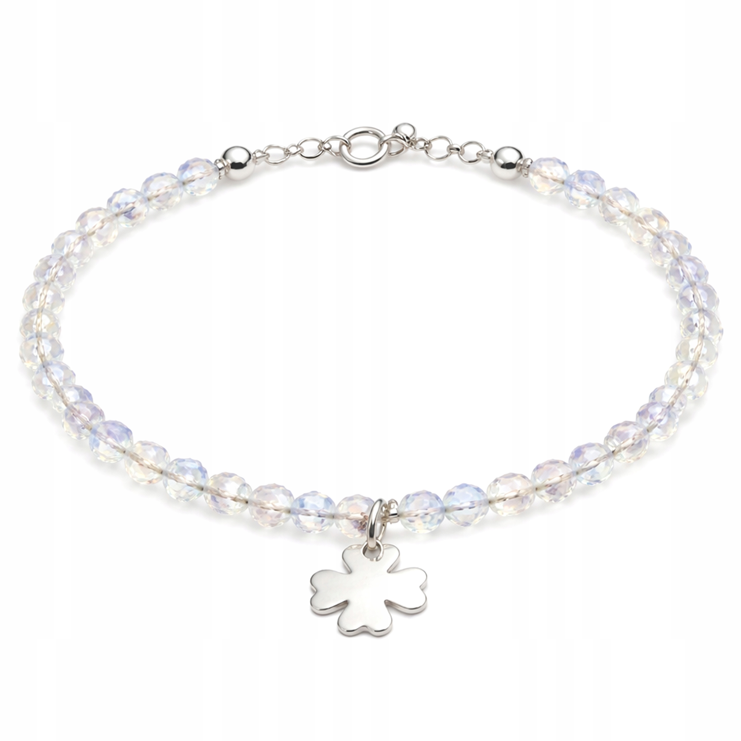 Srebrna Bransoletka Biały Opal i Koniczynka Kamienie Naturalne Srebro 925