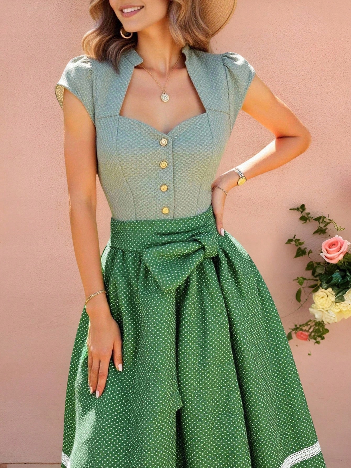 Šaty Dvoudílná Rozevřená Zelená MIDI S Puntíky Retro Shein S 36