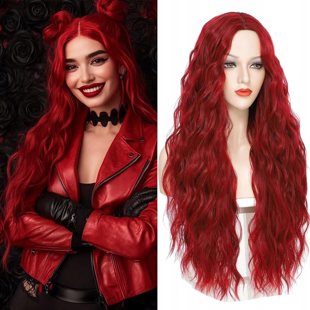 Syntetická paruka červená, velmi dlouhá, vlnité vlasy, cosplay 72 cm
