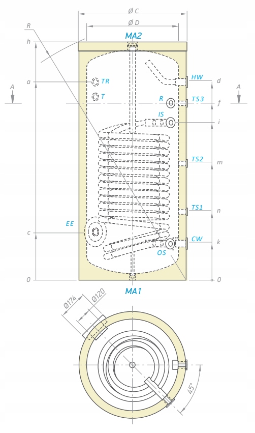 TESY ZASOBNIK DO POMP CIEPŁA WYMIENNIK CWU 200L Z PODWÓJNĄ WĘŻOWNICĄ 2,10m2 Pojemność 186 l