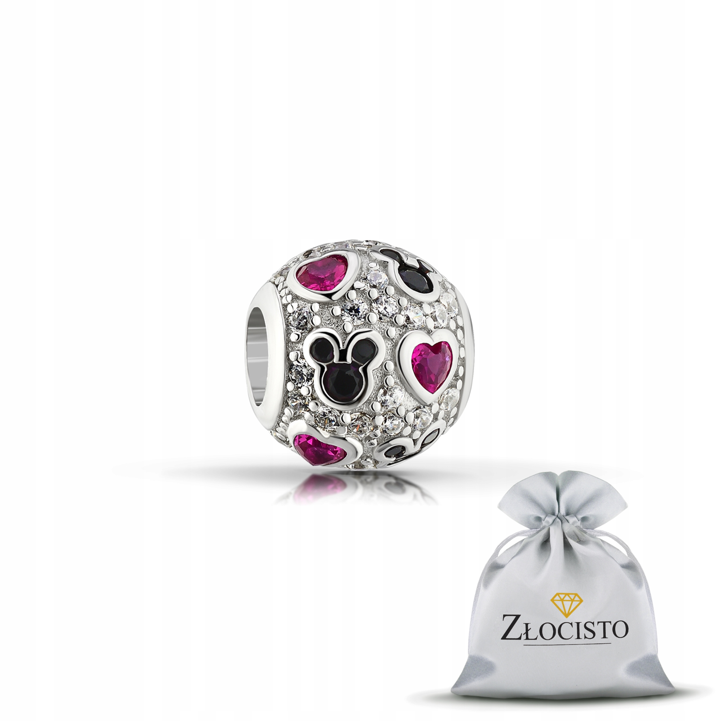 Stříbrný Přívěsek Kulička Zirkony S Růžovými Srdíčky Černý Mickey Mouse