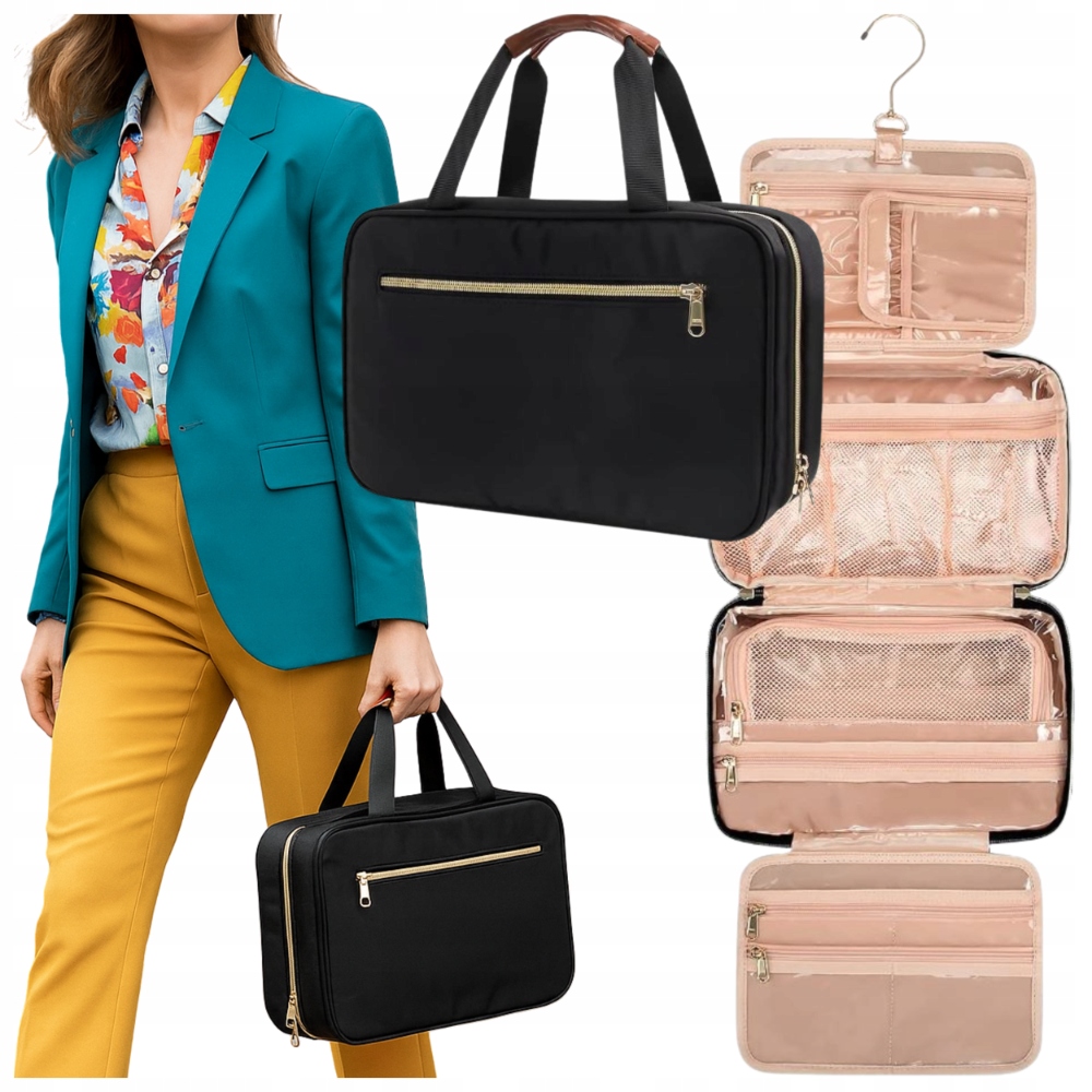 Dámská kosmetická taška kufřík, prostorný voděodolný organizér s háčkem XXL