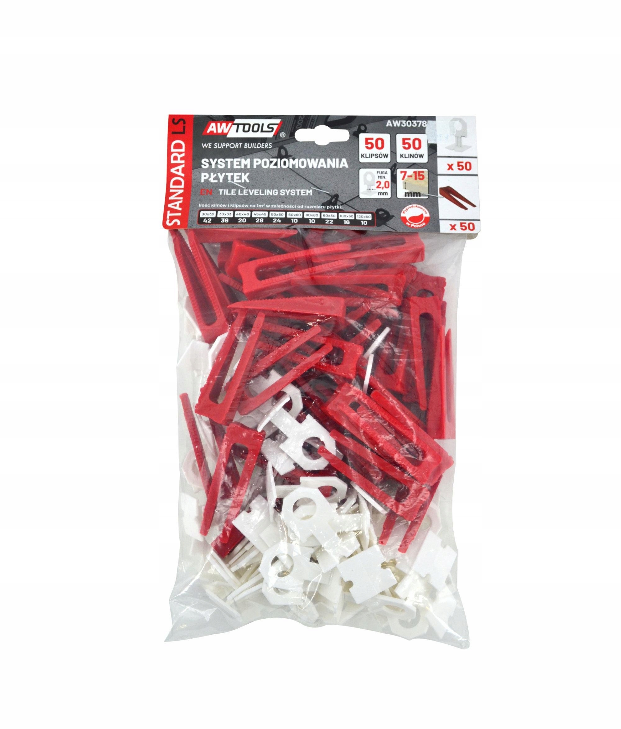 AWTOOLS SYSTEM POZIOMOWANIA PŁYTEK STANDARD 2,0mm - 7-15mm - KLIPS 50szt. +