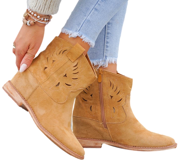 Zamszowe Ażurowe Botki Damskie Na Koturnie Camel36 Cechy dodatkowe oddychające