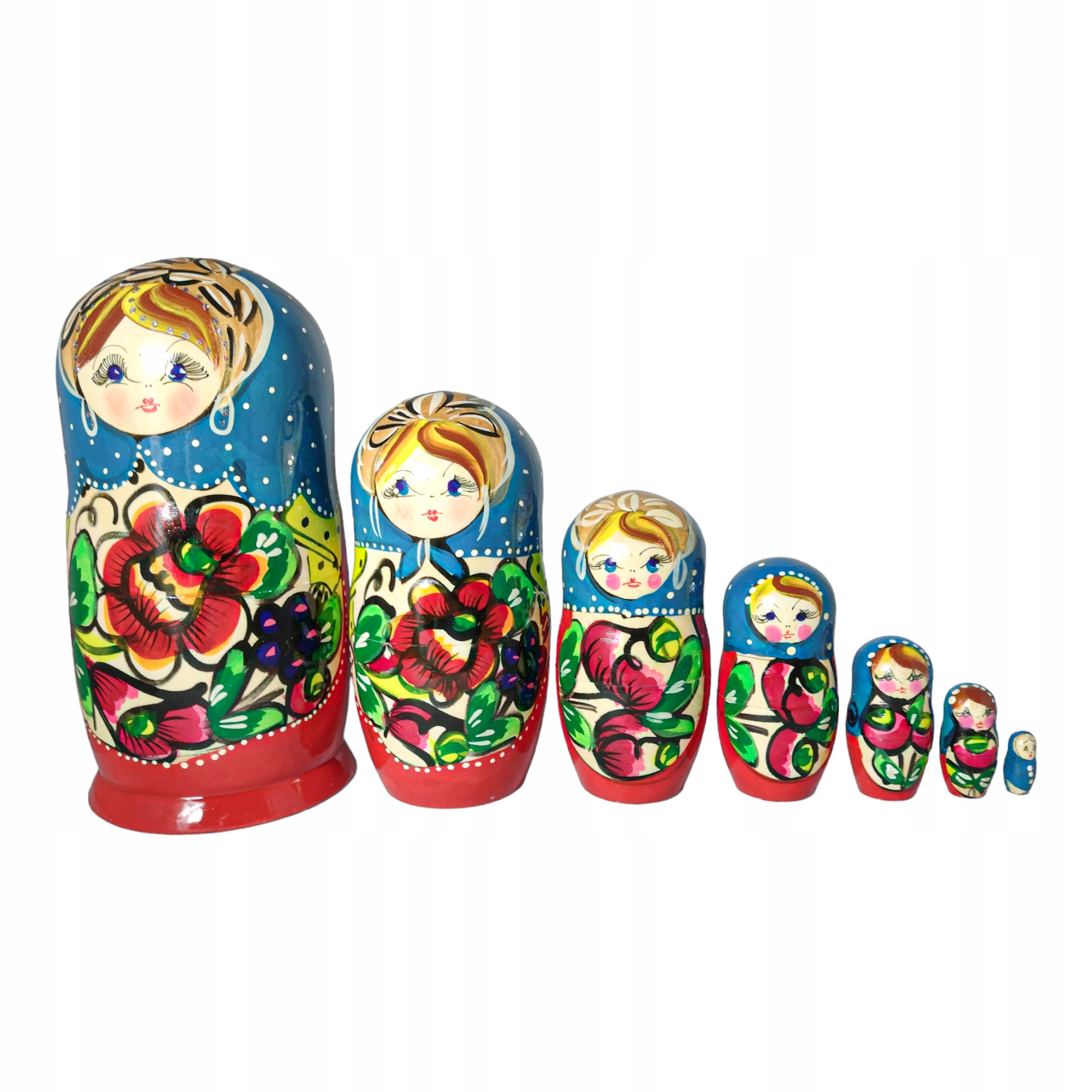 Dřevěná panenka Matrjoška Babuška 7v1 20 cm rečně malovaná modrá