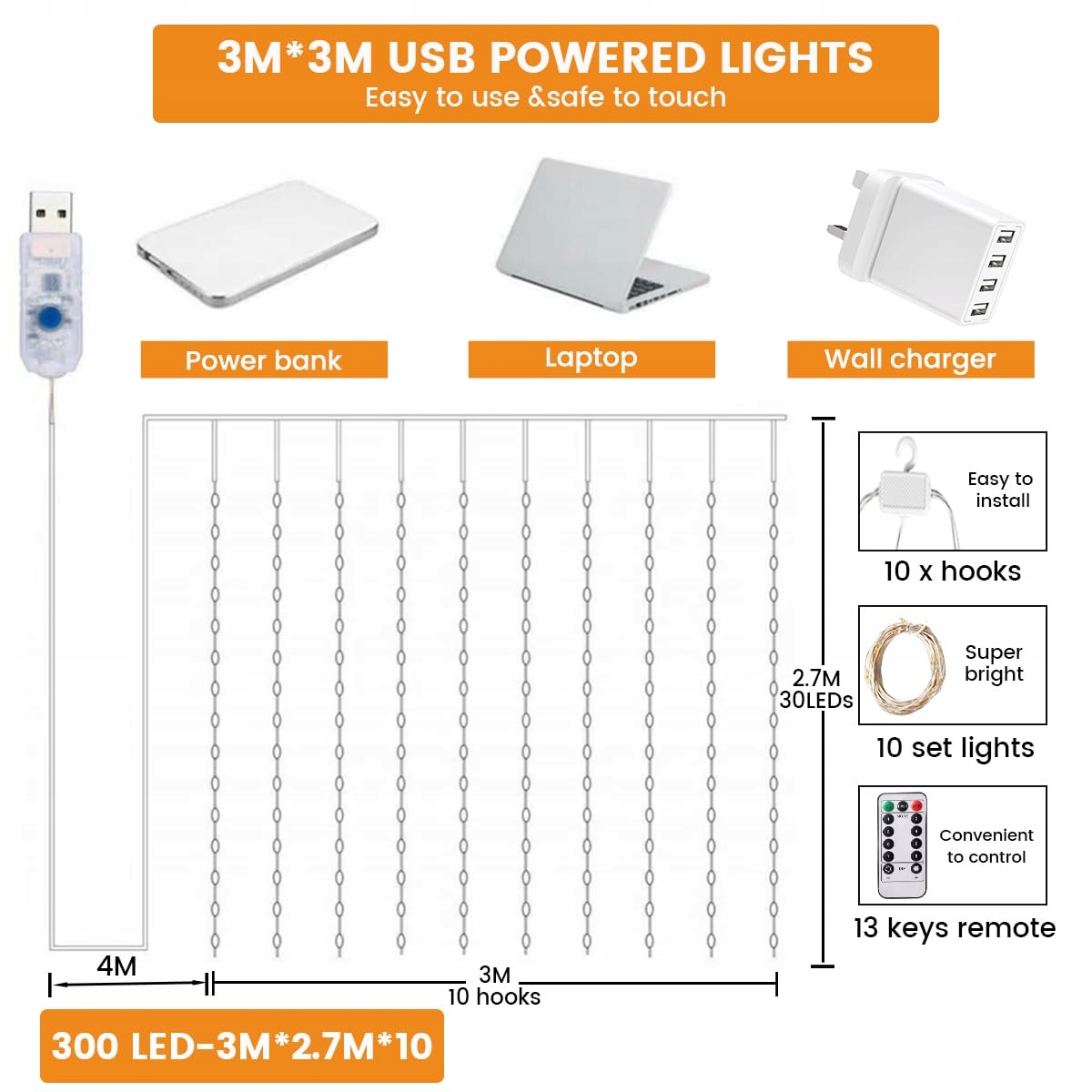 ZYRIVON Kurtyna LED 3x3m 200 LED USB Ciepły Biały Dekoracja Wnętrz — miniatura 5