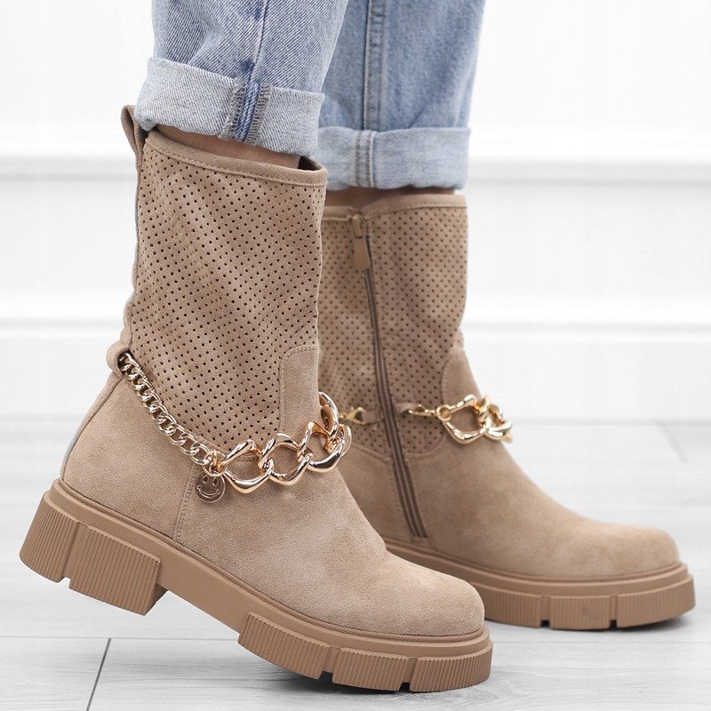 Béžové hnědé dámské kotníkové boty s plochým semišovým řetězem, elegantní