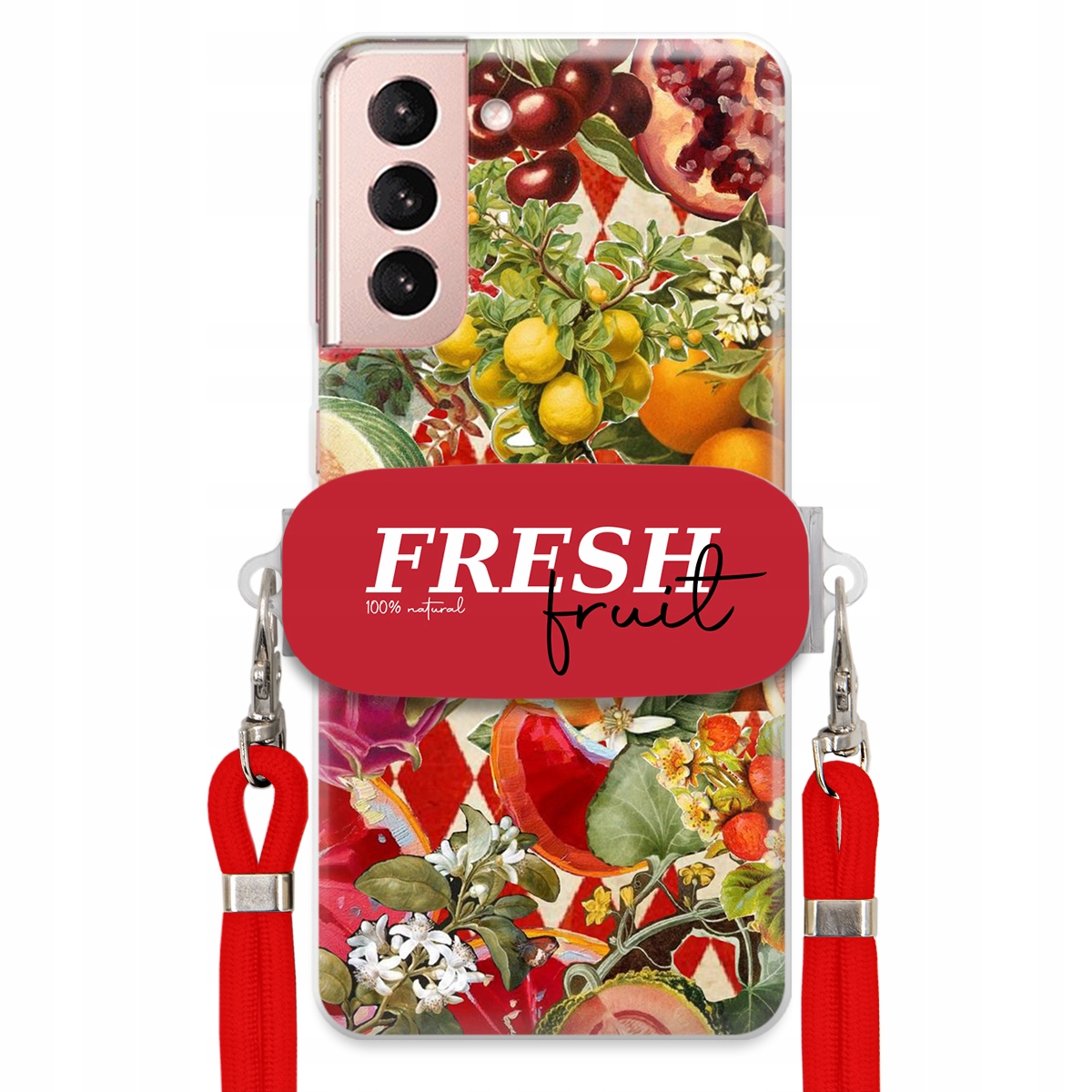 Puzdro pre Samsung S21 Červené Crossbody vodítko držiak Fresh Fruit Ovocné