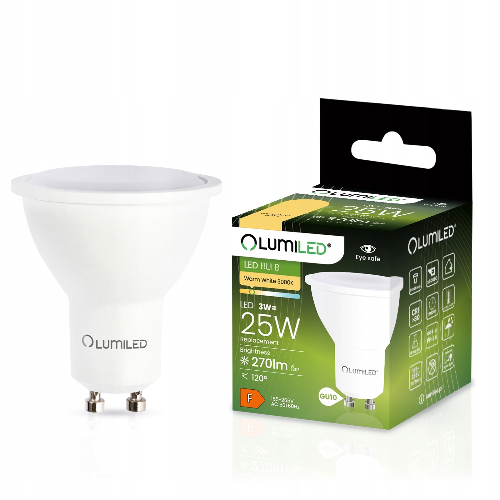 Żarówka LED GU10 3W = 25W 270lm 3000K BIAŁA CIEPŁA 120° PREMIUM LUMILED