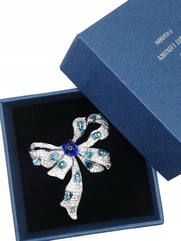 Luxusní Brož Mašle Stříbrná Modrá Krabička Jako Dárek