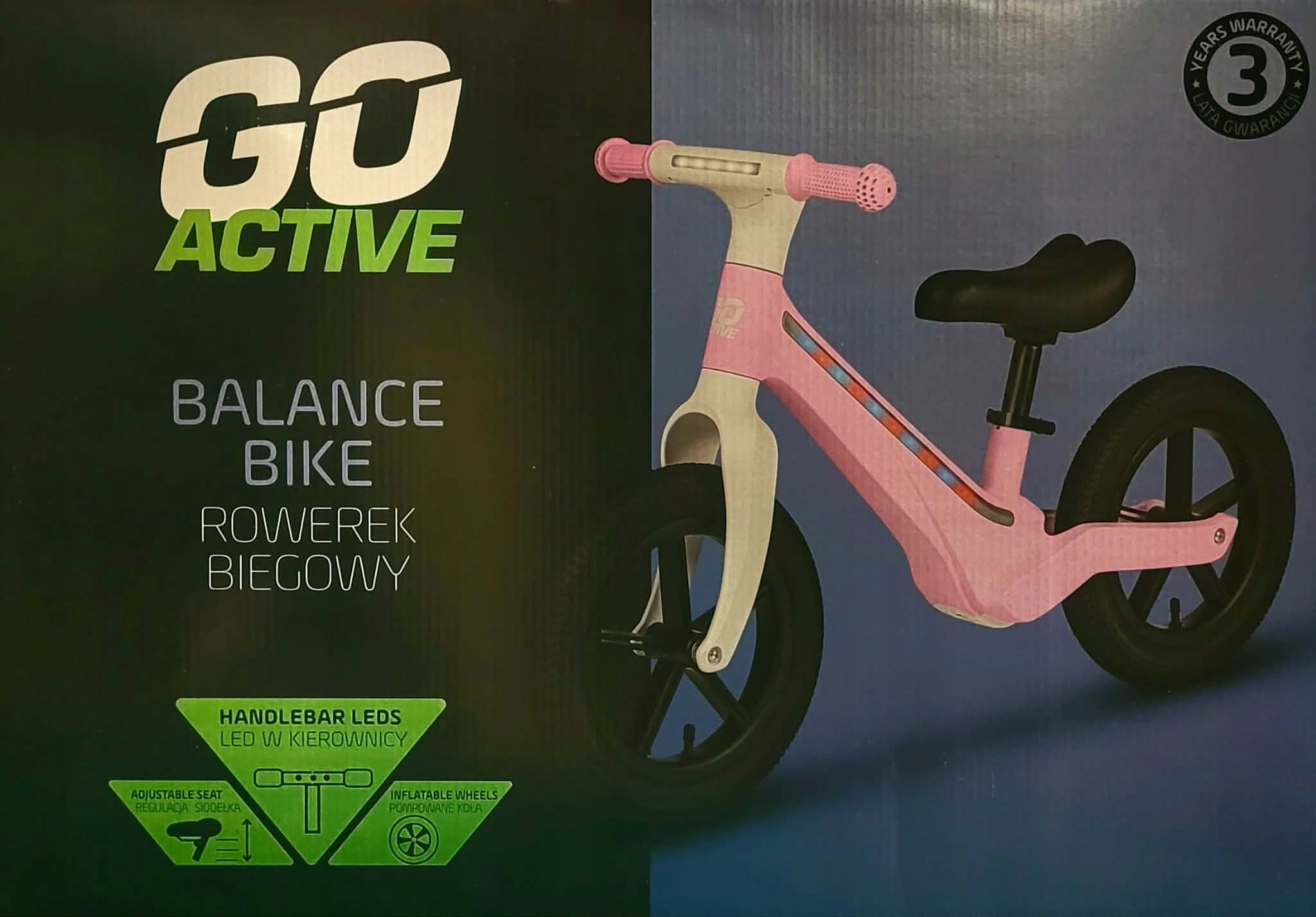 Lekki Rowerek Biegowy Go Active Regulacja siodełka Pompowane koła rama Led