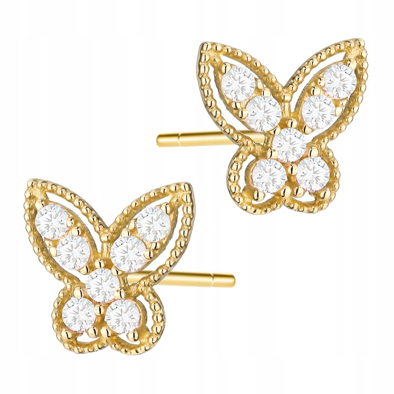 Krásné Zlaté Náušnice pr. 585 Motýlci s bílými zirkony 14k