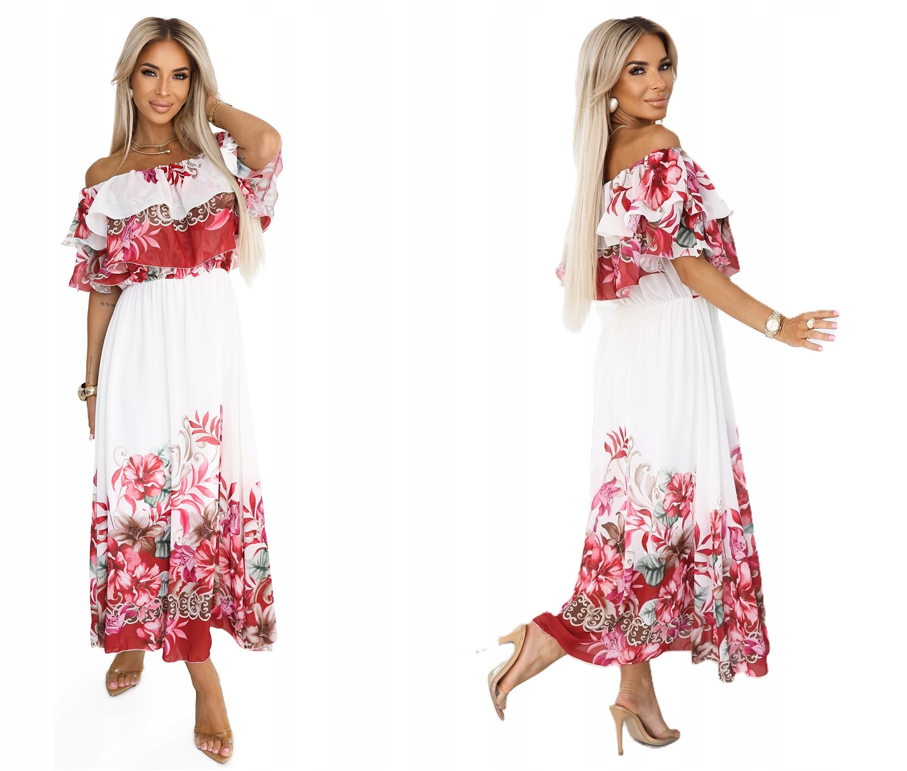 Vzdušná Ženská Dlouhá Šaty Ve Španělském Stylu S Krásnými Červenými Květy