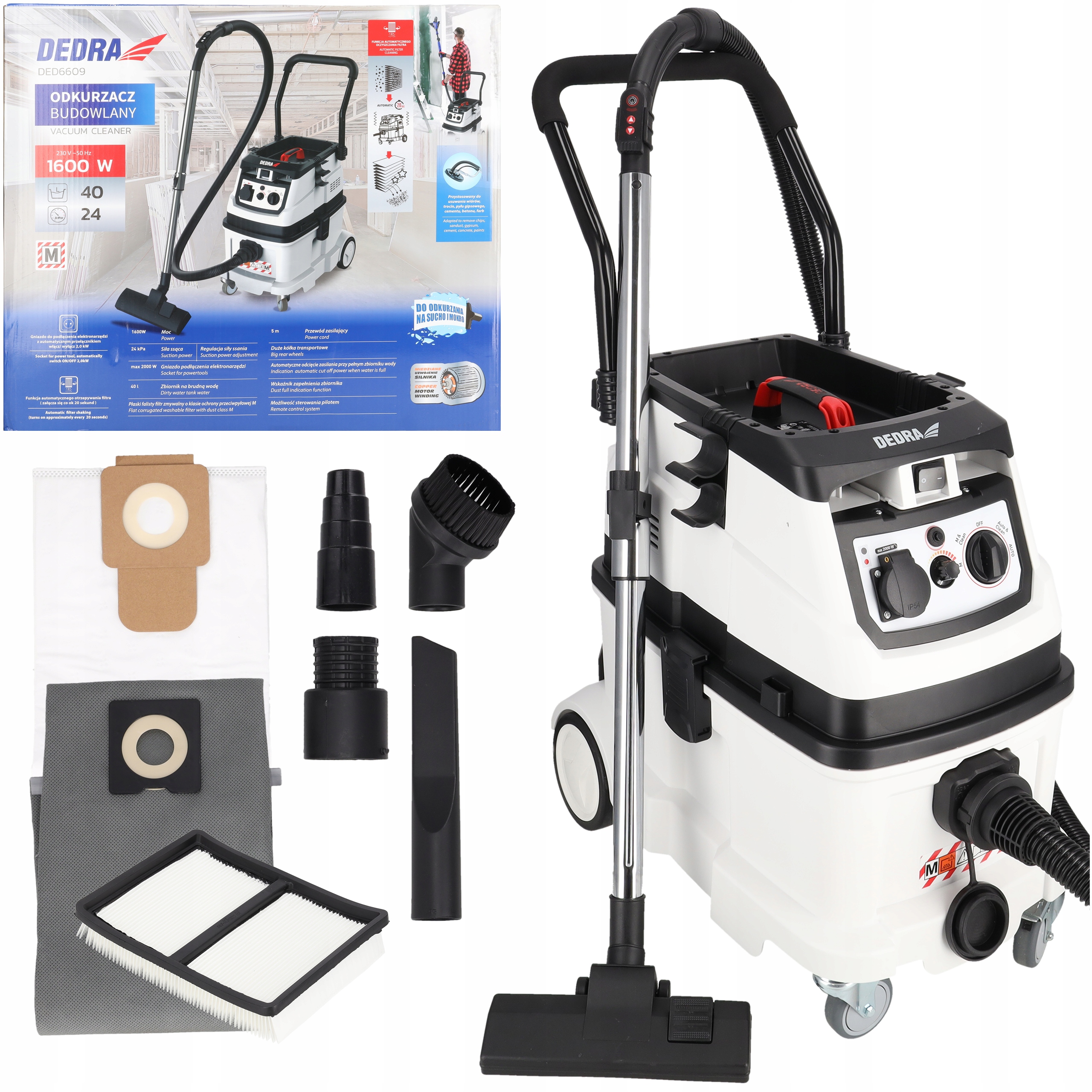 Odkurzacz Budowlany Dedra do gipsu Gniazdo el. AutoOtrząsacz 40L Filtr M