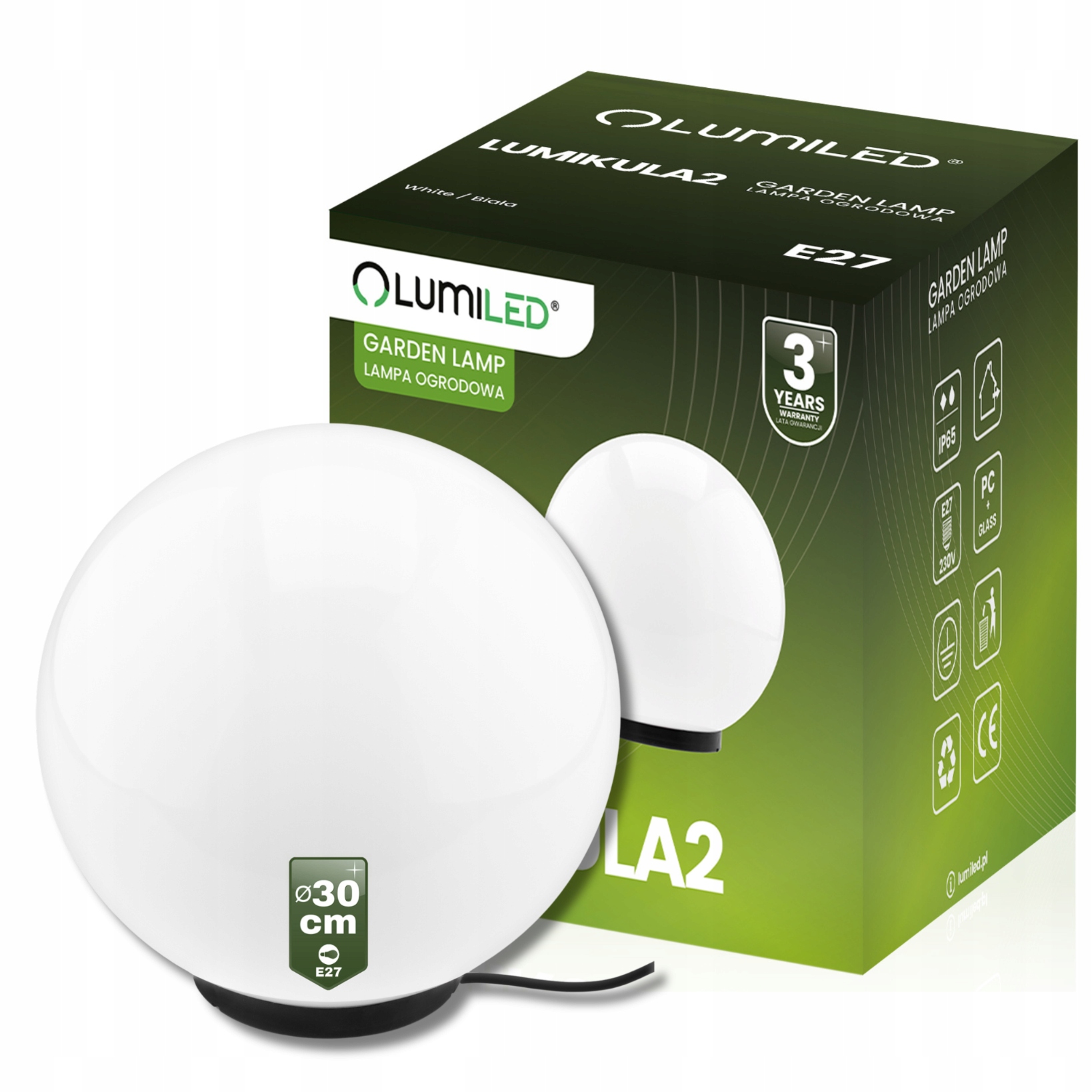 Lampa Oprawa Ogrodowa Zewnętrzna Kula Biała Led 30CM E27 IP65 Uv Szklana