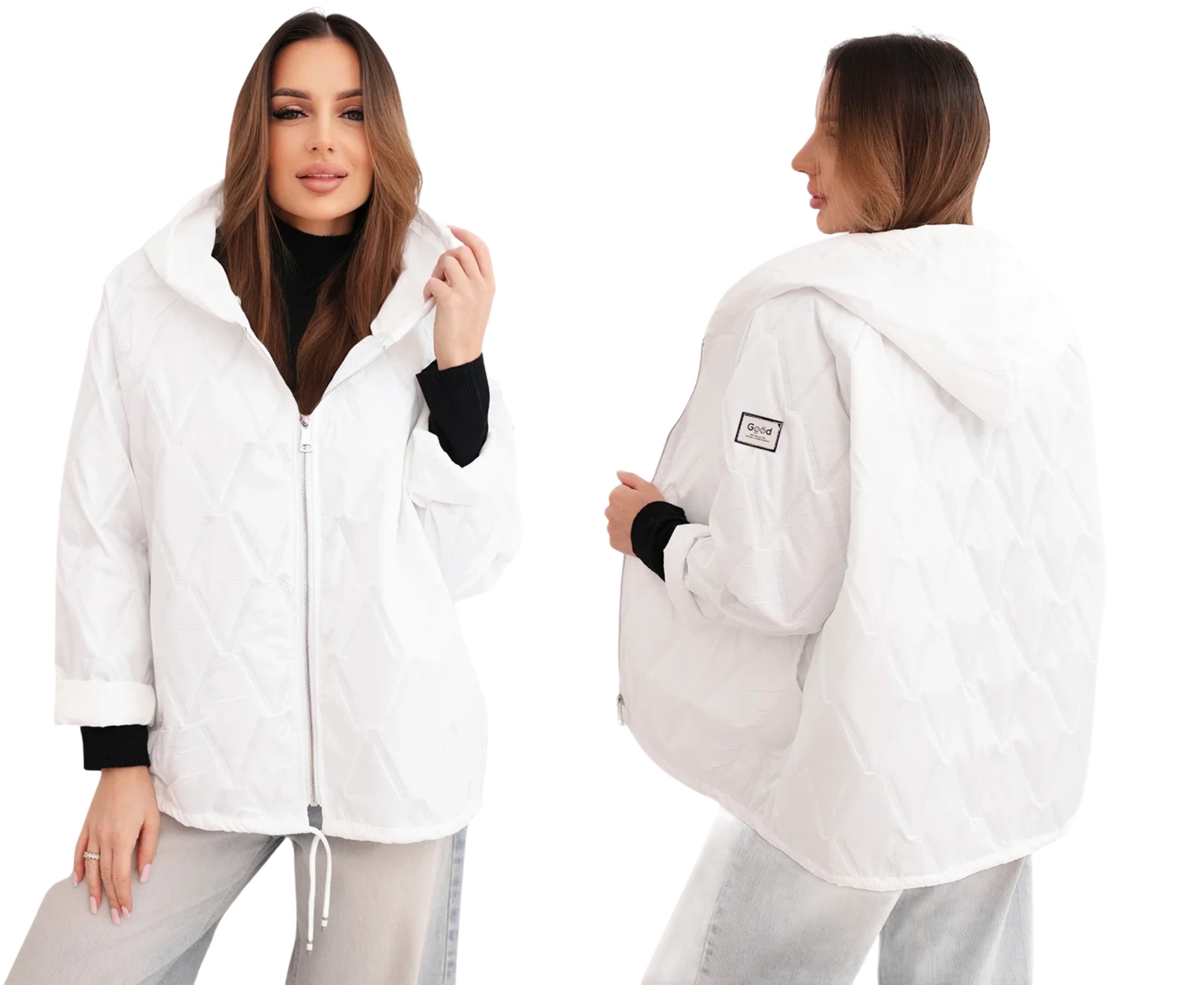 Biała kurtka damska wiosenna pikowana z kapturem i zamkiem
