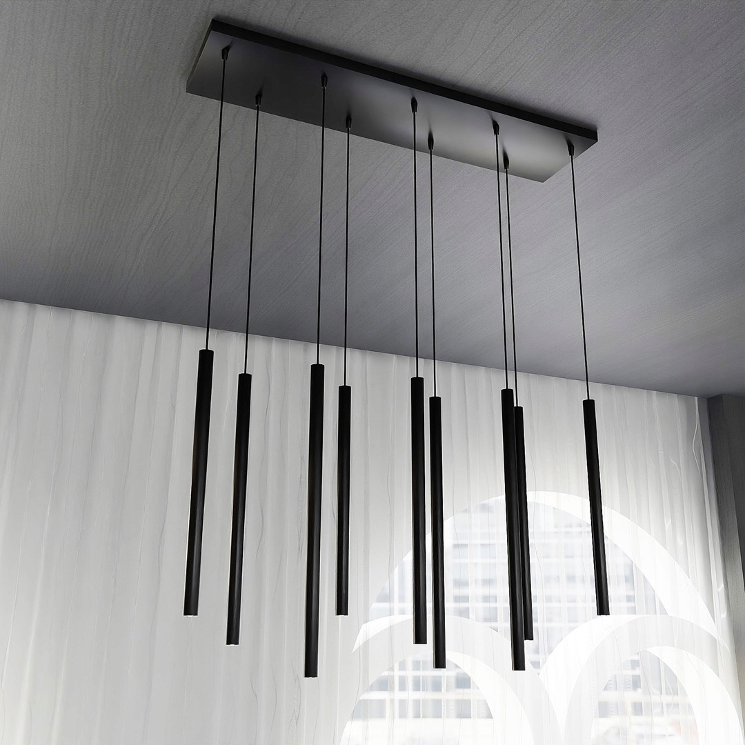 Závěsná lampa černé trubky Emibig Selter 9 x G9 nad kuchyňským stolem