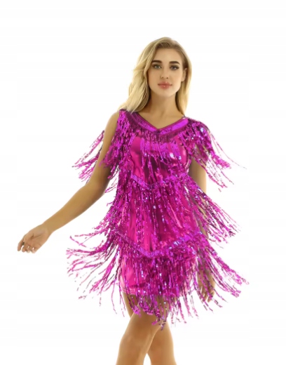 Sukienka Do Tańca Damska Latino Strój Fuksja Z Frędzlami M 2685