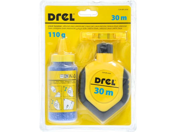 DREL Zestaw sznur traserski 30M + niebieska 110g. + poziomica sznurkowa Kod producenta CON-BPL-2030