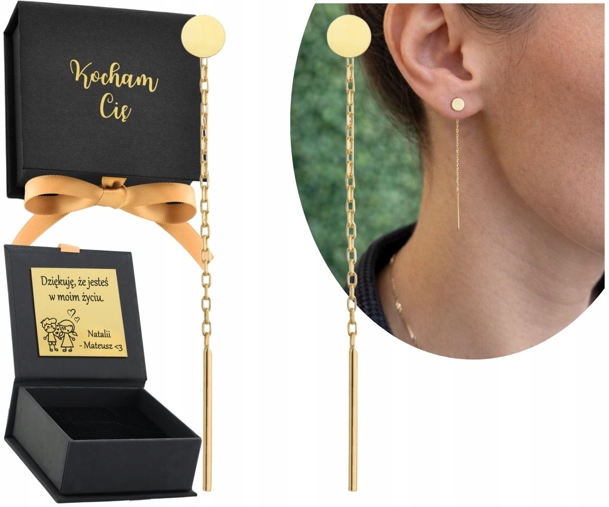 Kolczyki Przewlekane Wiszące Przeciągane Kółko Blaszka Złoto 585