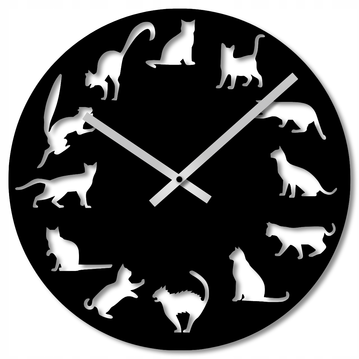 Nástěnné Hodiny 60 cm Dřevěné Nástěnné Hodiny Černé Hodiny Kočka Kočky