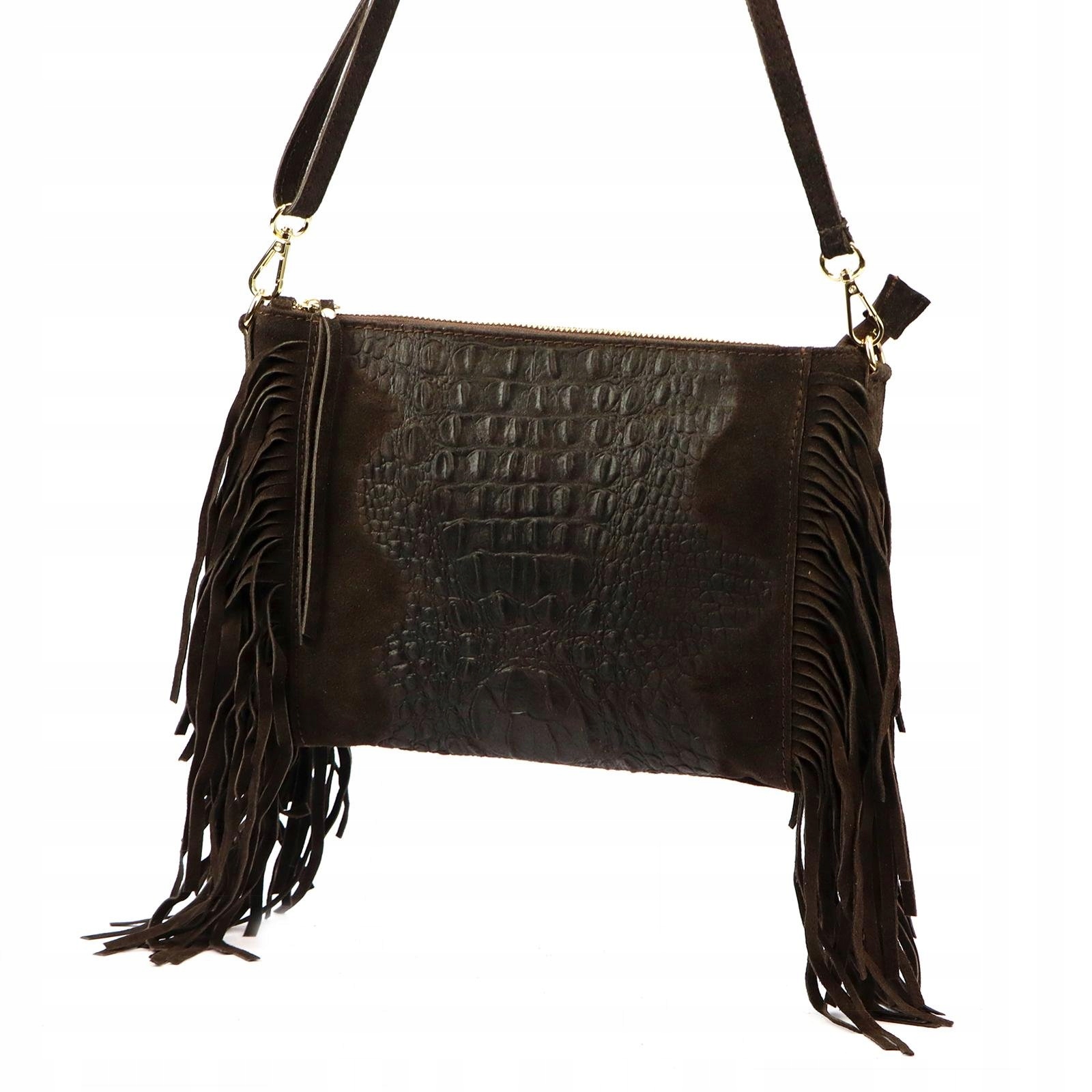 Dámská kabelka přes rameno kožená tmavě hnědá s croco střapci