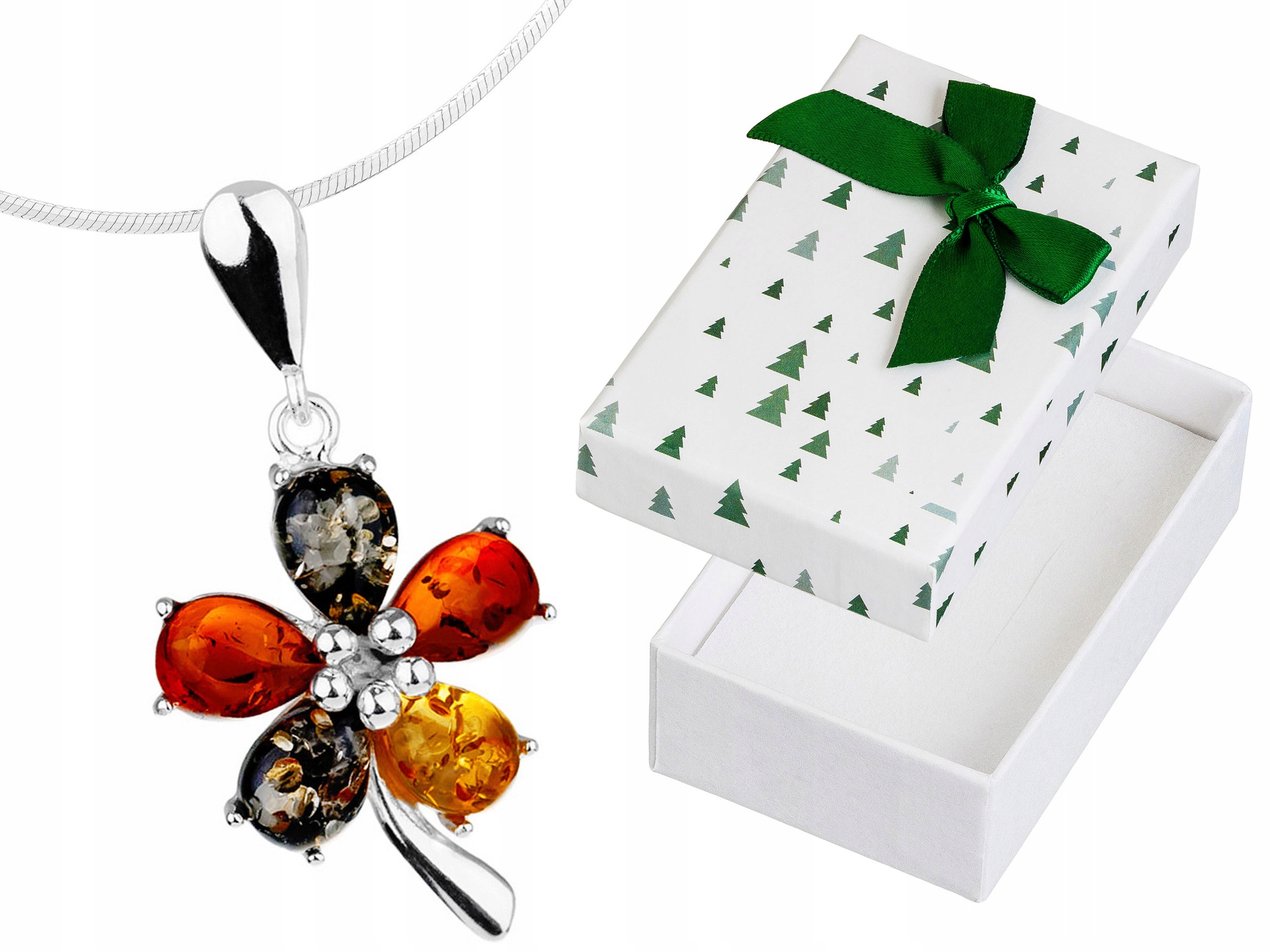 Krátký Stříbrný Dámský Náhrdelník Květina s Jantarem Choker Jantar 30 cm