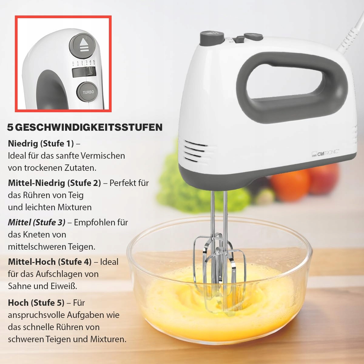 CLATRONIC Mikser Ręczny 400W 5 Prędkości Turbo Stal Nierdzewna — miniatura 3