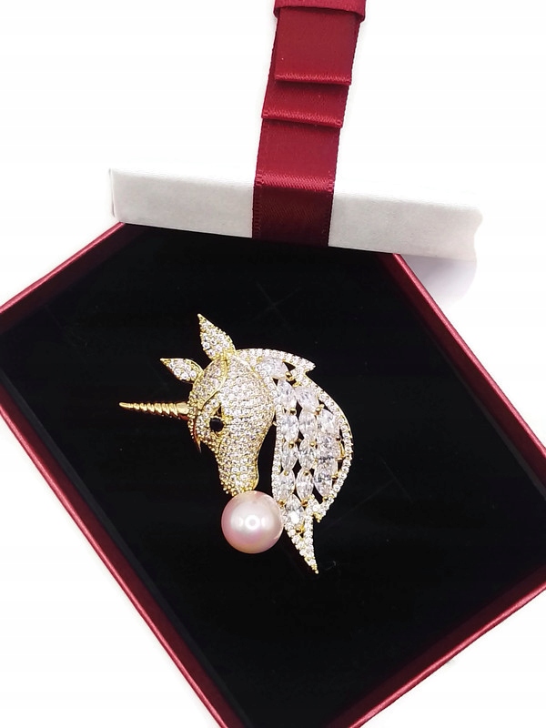 Luxusní Brož Jednorožcem Z 18K Zlata S Perlou Dárek Krabička
