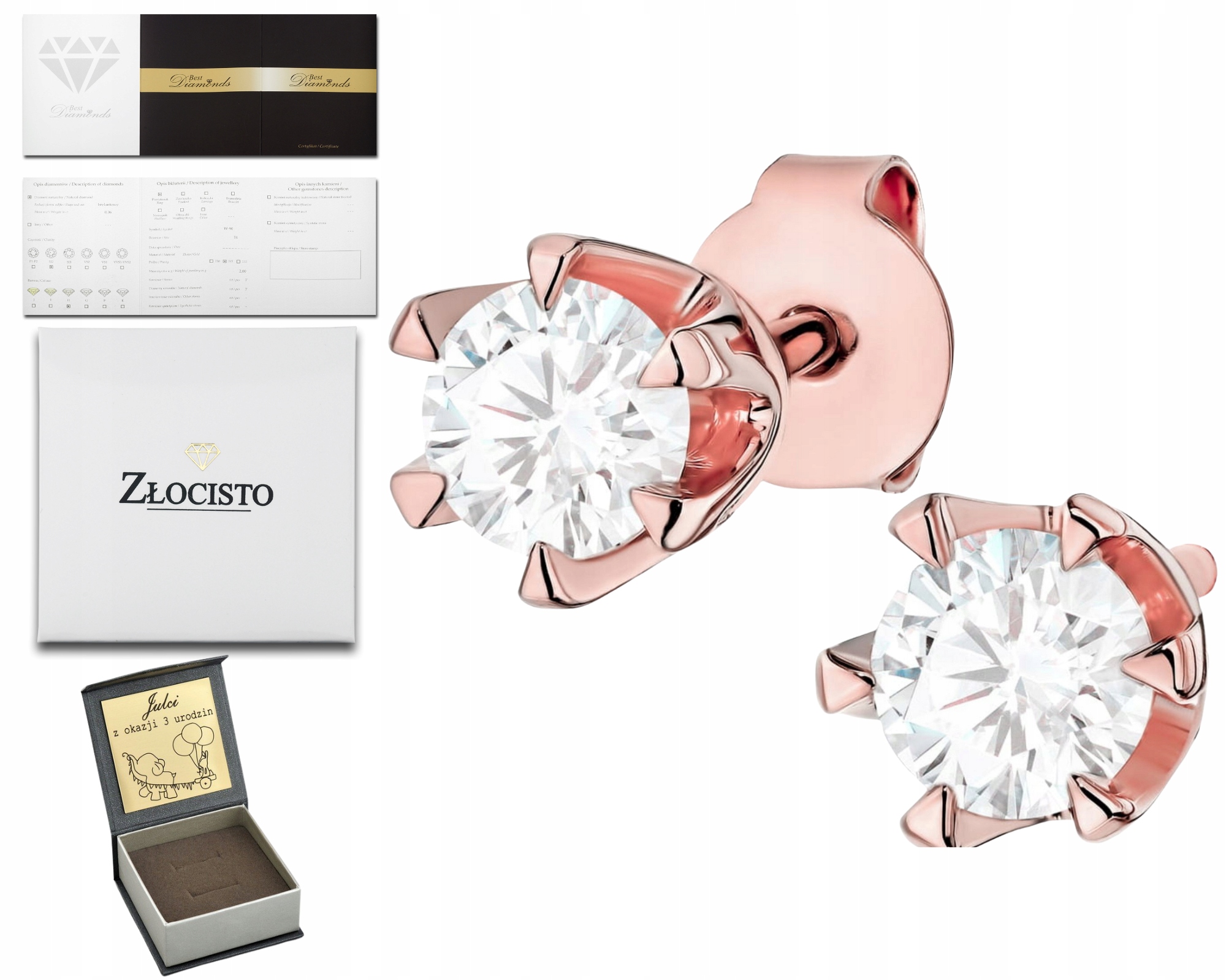 Růžové Náušnice S Diamanty Gravírování Dárek 585