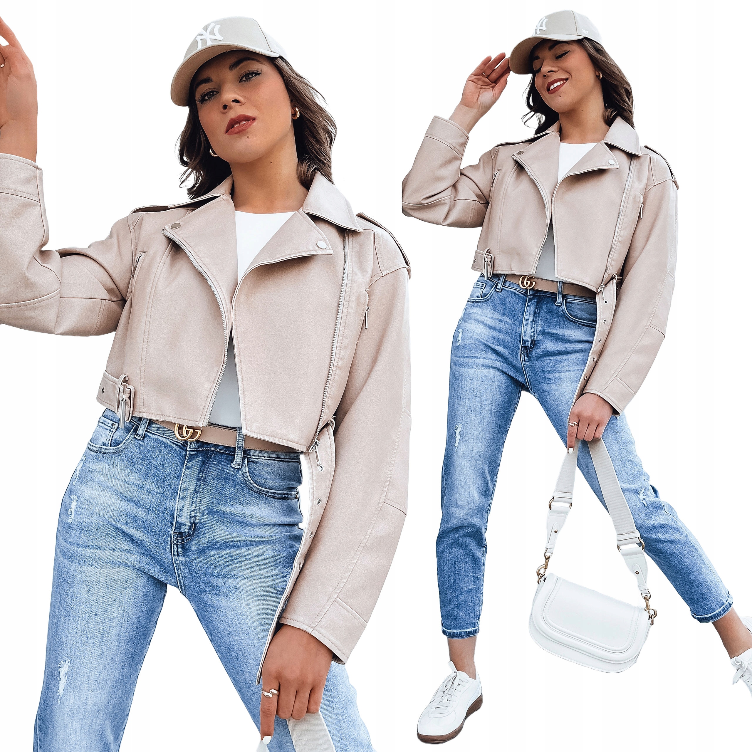 Damska Kurtka Skórzana Ramoneska Beżowa ty4336 S