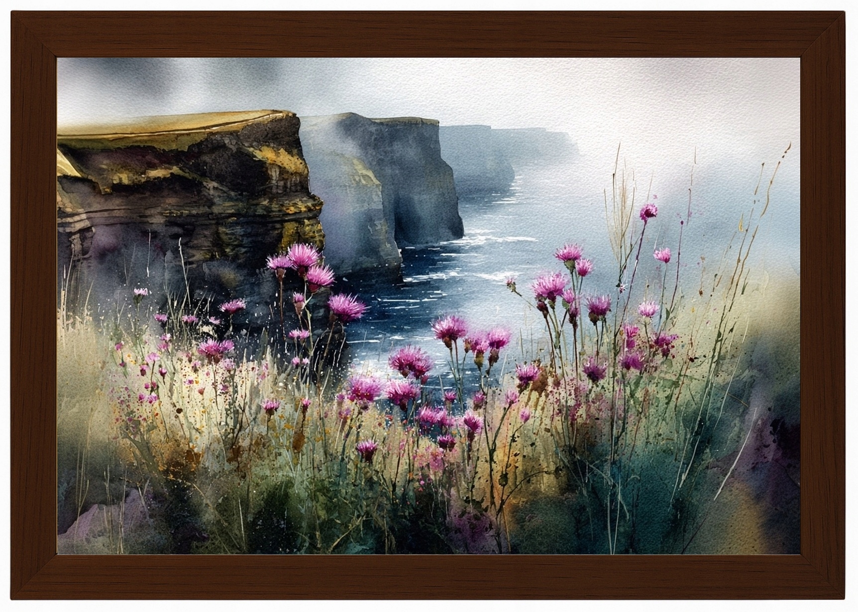 Plakát Rámeček Plakát Dřevěná Krajina Irsko Útesy Moher Květiny Bodlák 60x40