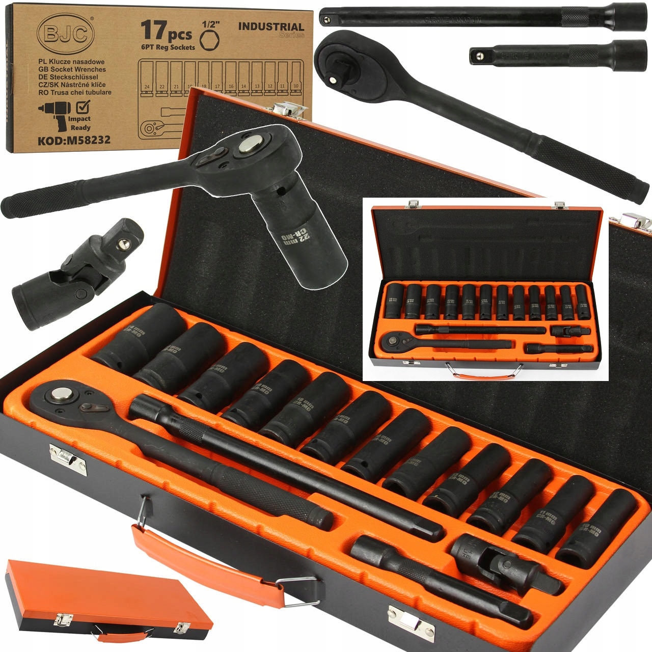 ZESTAW KLUCZY NASADOWYCH 6 KĄTNYCH 1/2 GRZECHOTKA 17 ELEMENTÓW