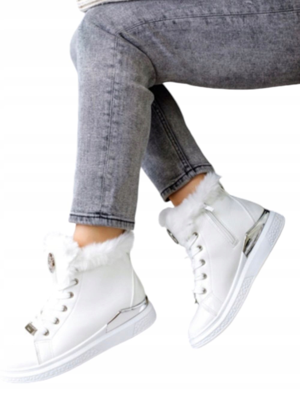 Dámské ploché Kotníkové Boty Zateplené tenisky s ozdobným kožíškem, bílé vel. 38