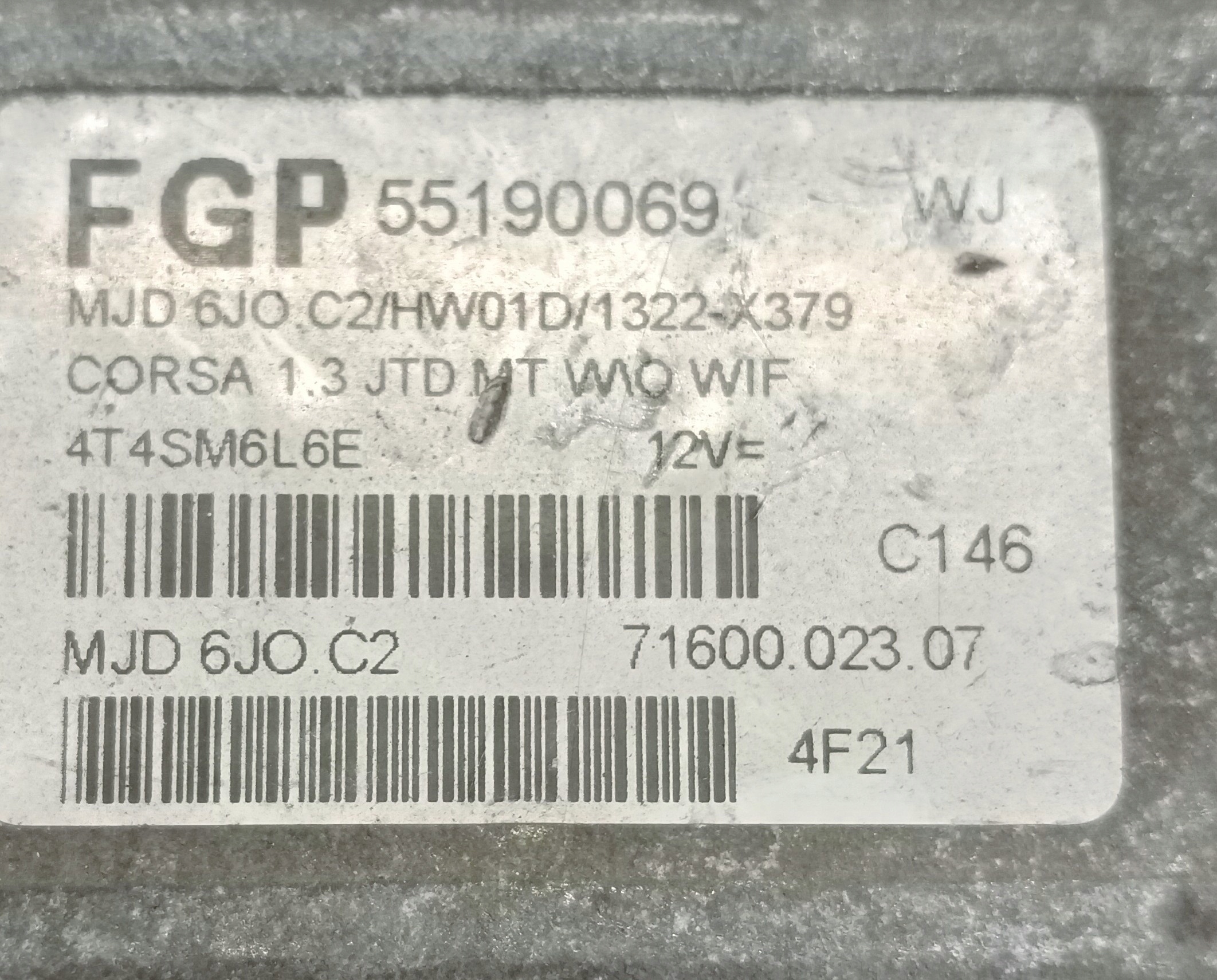 control unit of the engine opel corsa c 1.3cdti 55190069